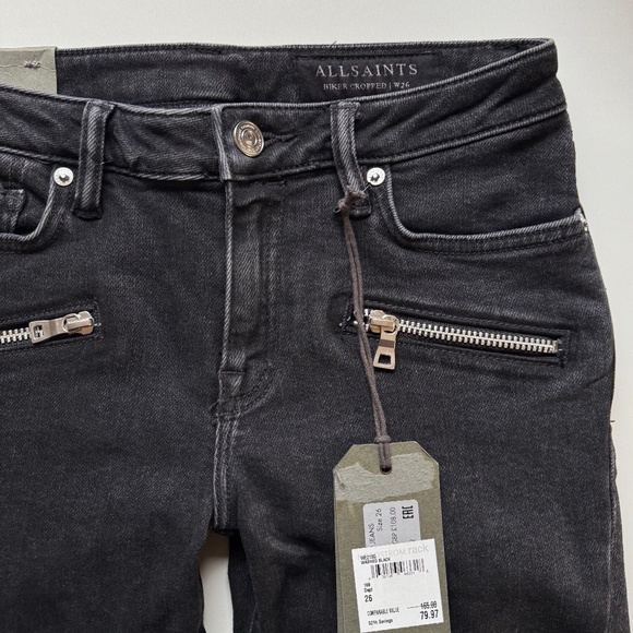 ✨NWT✨ ALLSAINTS Grace Biker Cropped Skinny Moto Jeans in Washed Black Sz 26 - Picture 2 of 6